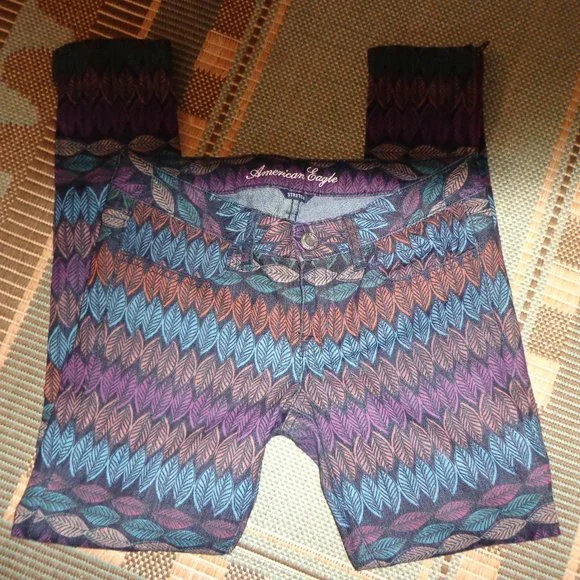 American Eagle Outfitters Stretch Jeggings 4 Leaf/Feather Multicolored Zip Leg - Picture 7 of 16